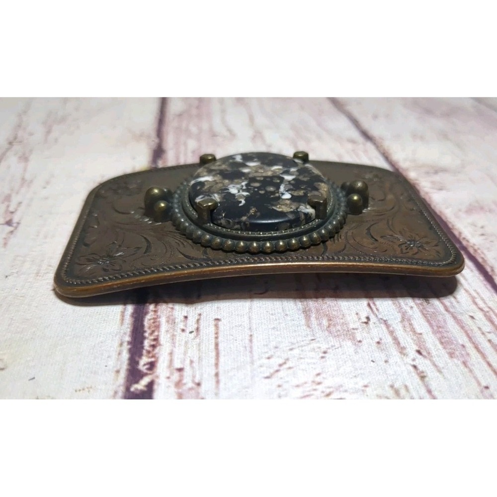 Copper Color Belt Buckle w/ Cabachon Agate Stone & Floral Engraving Western - Picture 3 of 3
